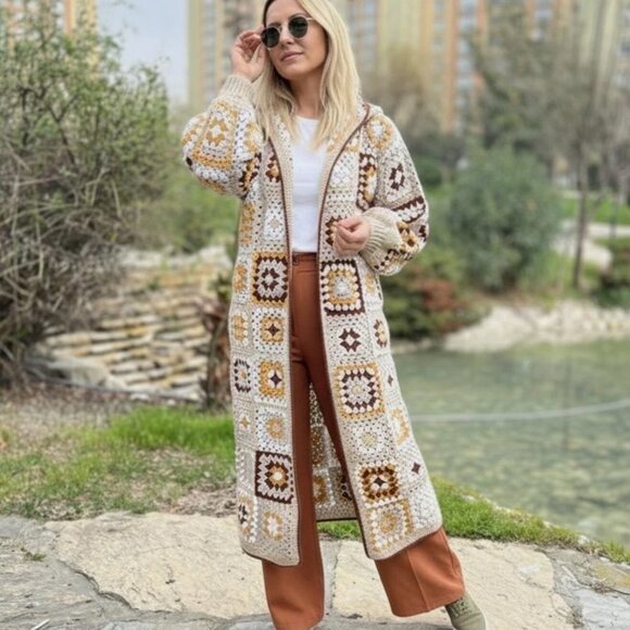 Granny Square Cardigan Crochet Sweater Maxi Long Hooded Afghan 100% Cotton Knit - Picture 6 of 9
